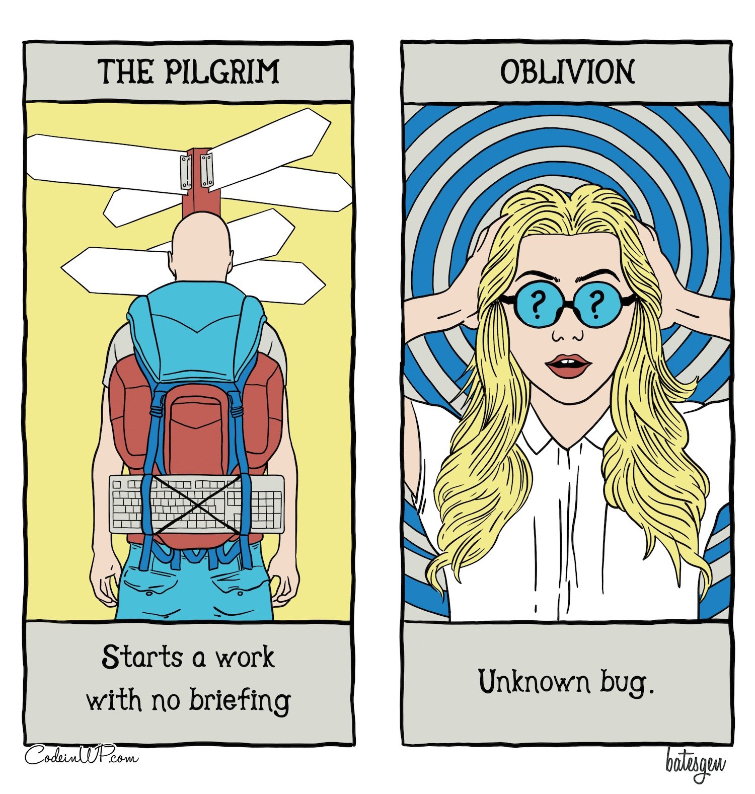 A tarot comic about bugs and people who work without briefings