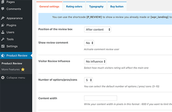 WP Product Review settings