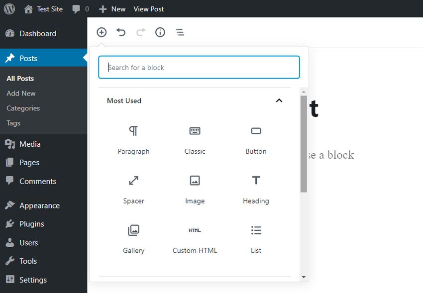 Gutenberg Built-in Block Search