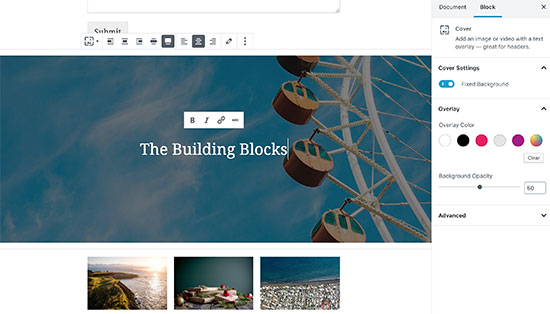 The cover image block in Gutenberg editor