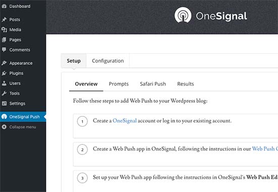OneSignal settings page