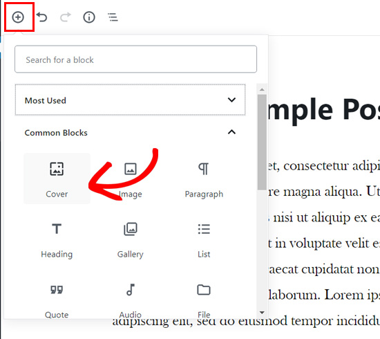 Add cover block in WordPress block editor