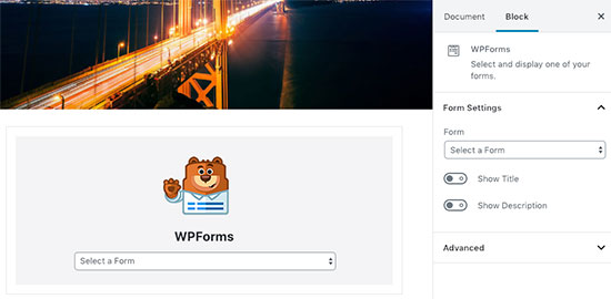 WPForms block in WordPress post