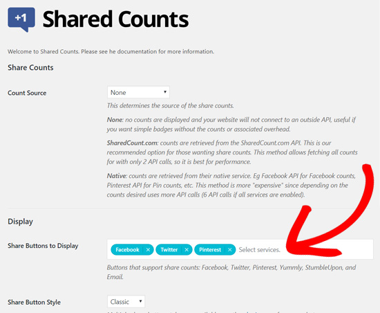 Shared Counts Plugin - select social share buttons