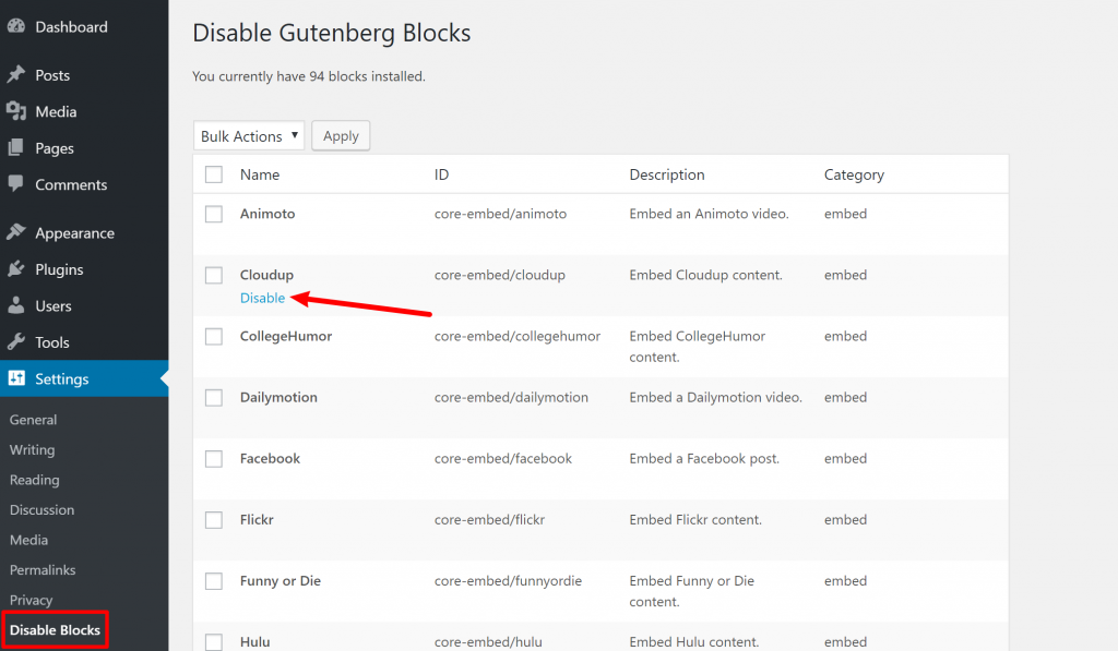 Disable Gutenberg Blocks plugin