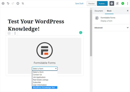 Choose Your Quiz Form Widget in WordPress