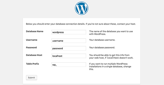 Enter database information for WordPress installation
