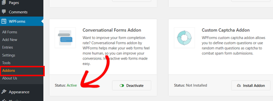 WPForms Conversational Forms addon active