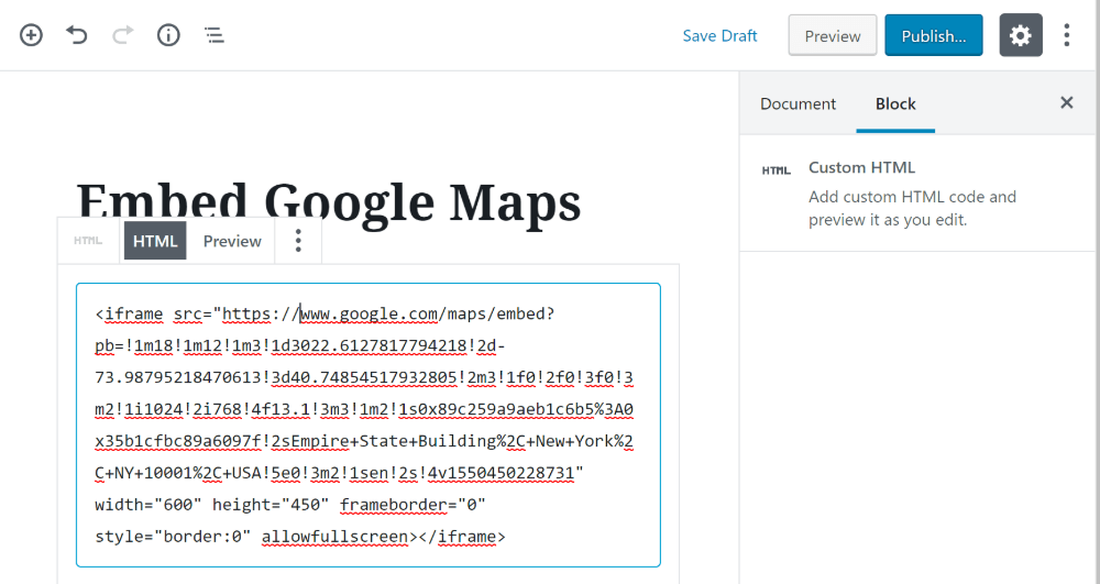 Embed Google Maps WordPress html