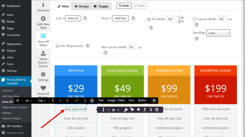 Edit pricing table