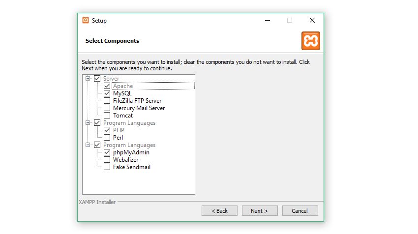 XAMPP Select Components to Create a Local WordPress Install