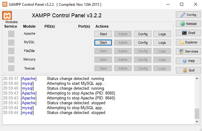 XAMPP Server Start Modules