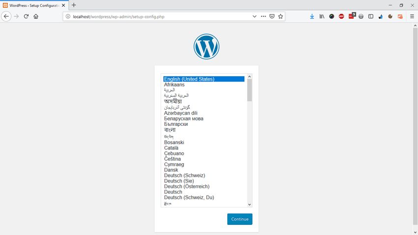 WordPress installation screen with XAMPP Server