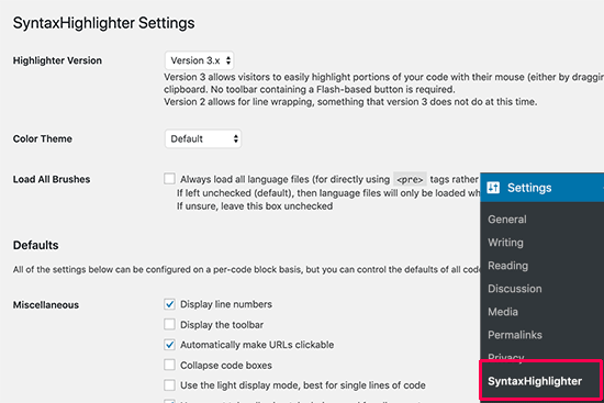 SyntaxHighlighter settings