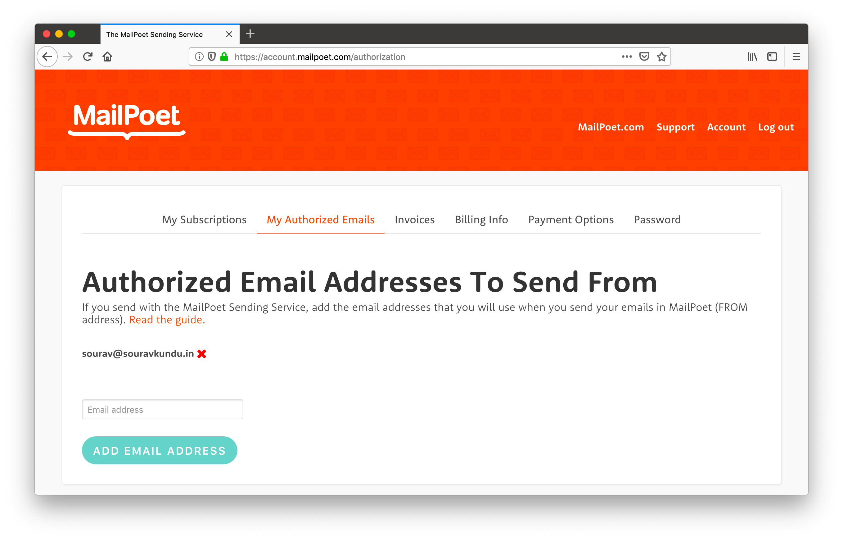 Adding an authorized email address in MailPoet’s free email delivery plan