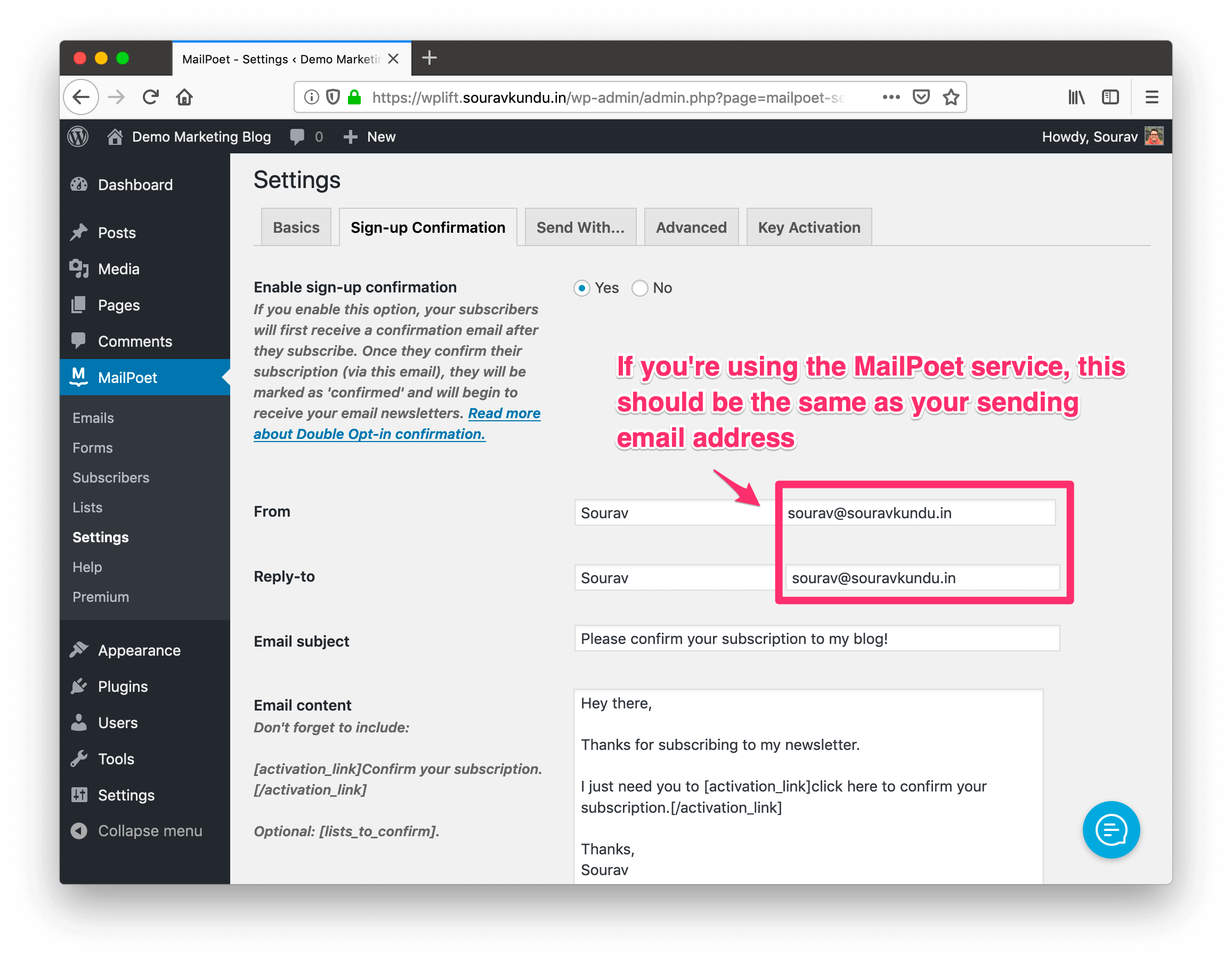 Sign-up confirmation email configuration options in MailPoet