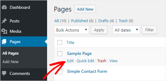 WordPress Page edit option
