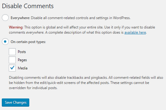 Disable Comments Plugin Settings