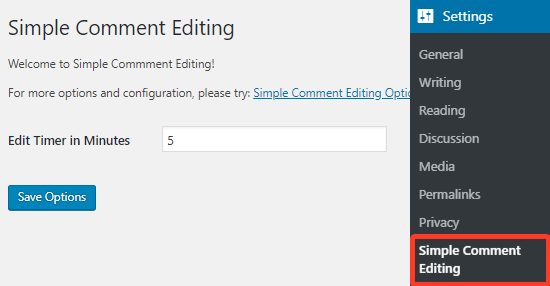 Simple Comment Editing plugin settings
