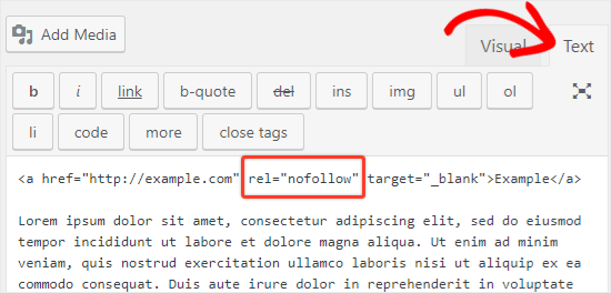 Add nofollow attribute to links in classic text editor