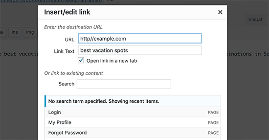 Adding a link in plain text editor using the classic editor