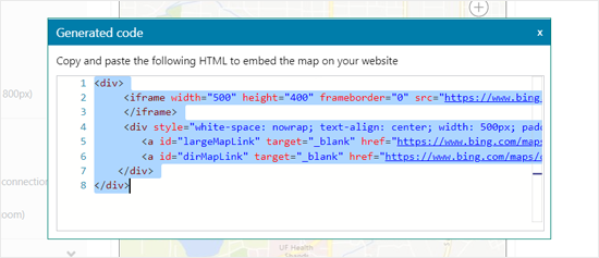 generated Embed Code for Bing Maps