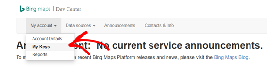 Bing Maps Dev Center My keys Option