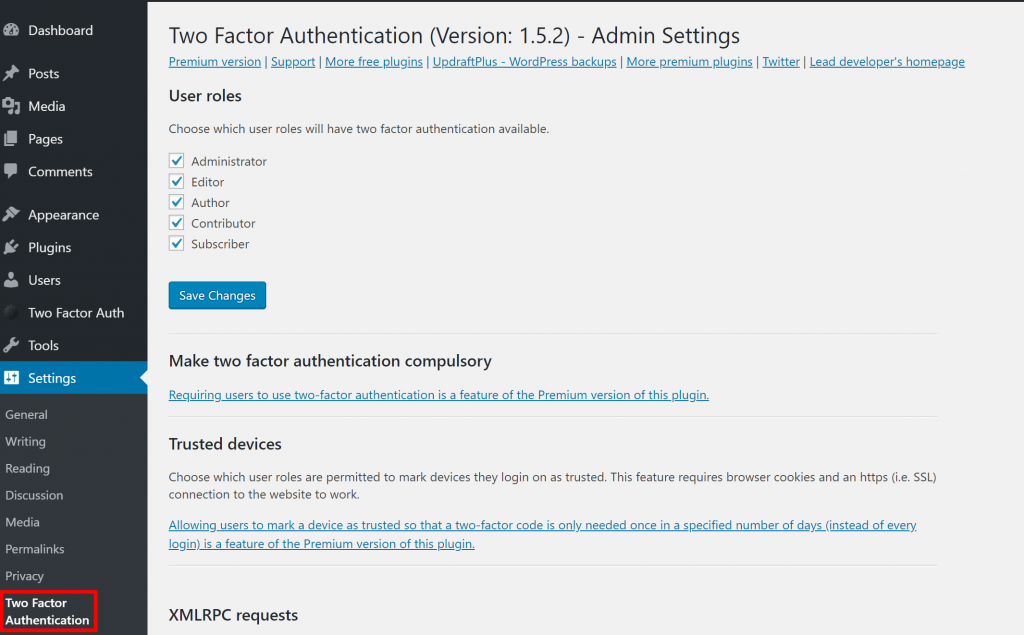 WordPress two-factor authentication global settings