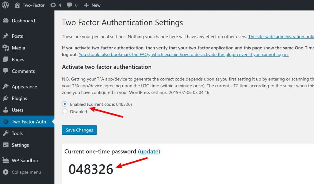 WordPress two-factor authentication enable for user