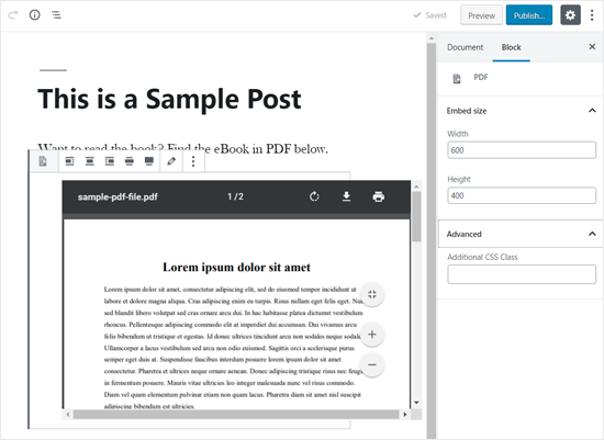 PDF Embedded in WordPress Post Editor