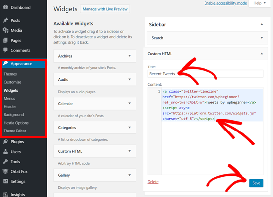Paste the Twitter Profile Embed Code in Custom HTML widget