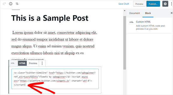 Paste the Twitter profile Embed Code in Custom HTML Block