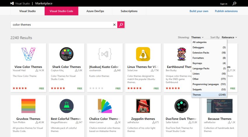 Visual Studio Code Marketplace find themes