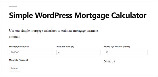 Simple WordPress Mortgage Calculator Preview