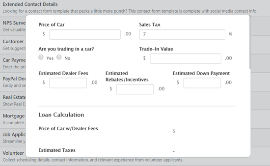 Car Payment Calculator Form Preview WordPress