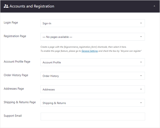 BigCommerce for WordPress Account and Registration Settings