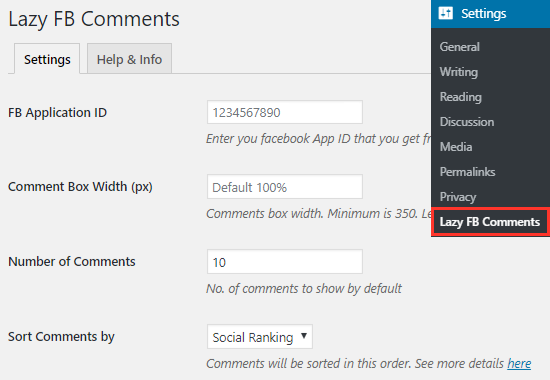Lazy FB Comments Plugin settings page