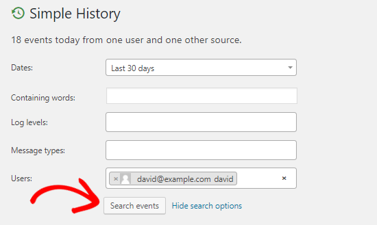 Simple History activity log search options