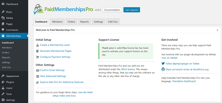 paid memberships pro dashboard