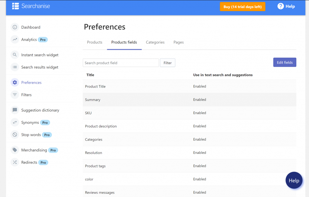 Searchanise preferences