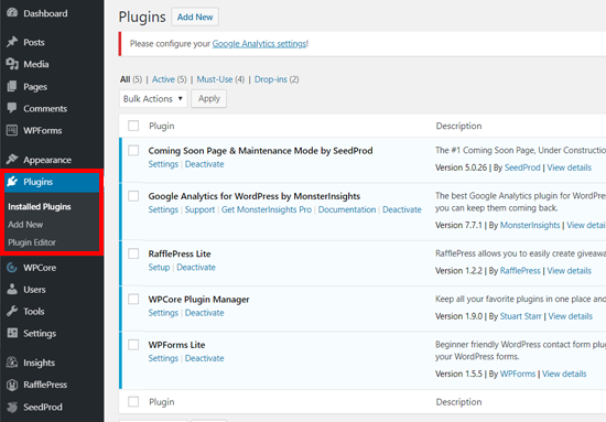 Installed Plugins Page in WordPress