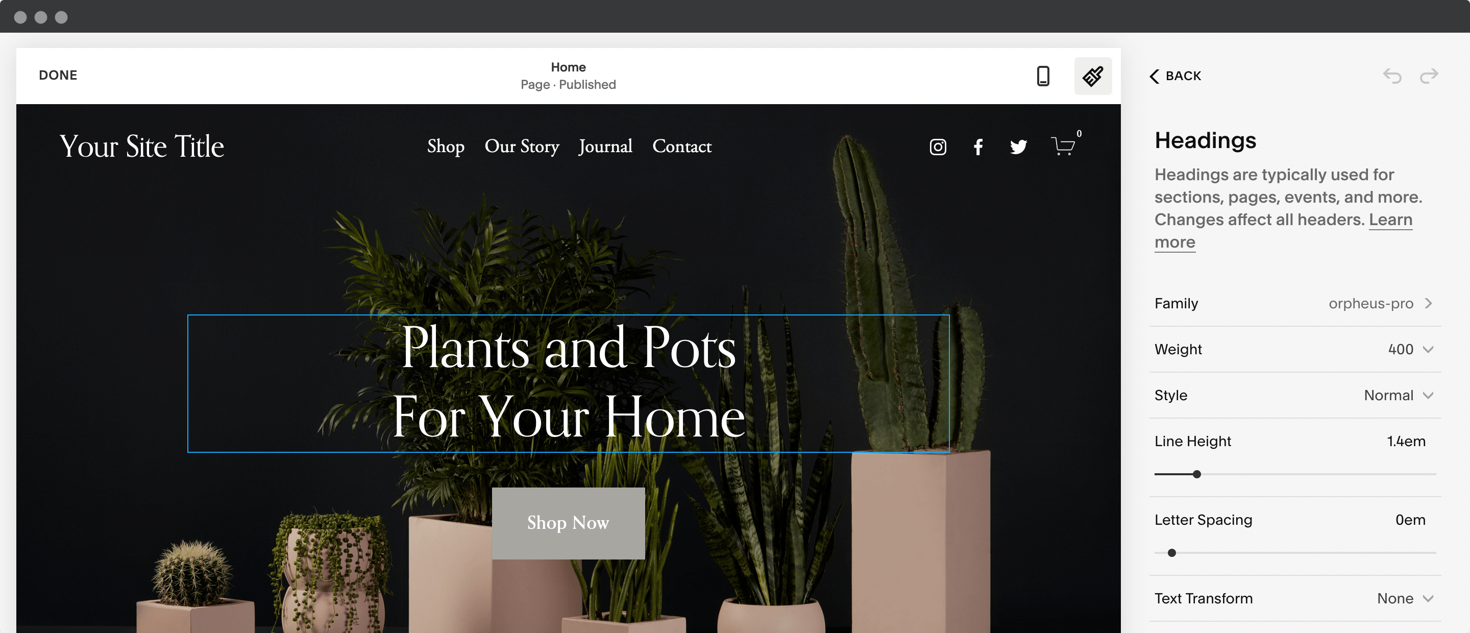 Selecting fonts in Squarespace.