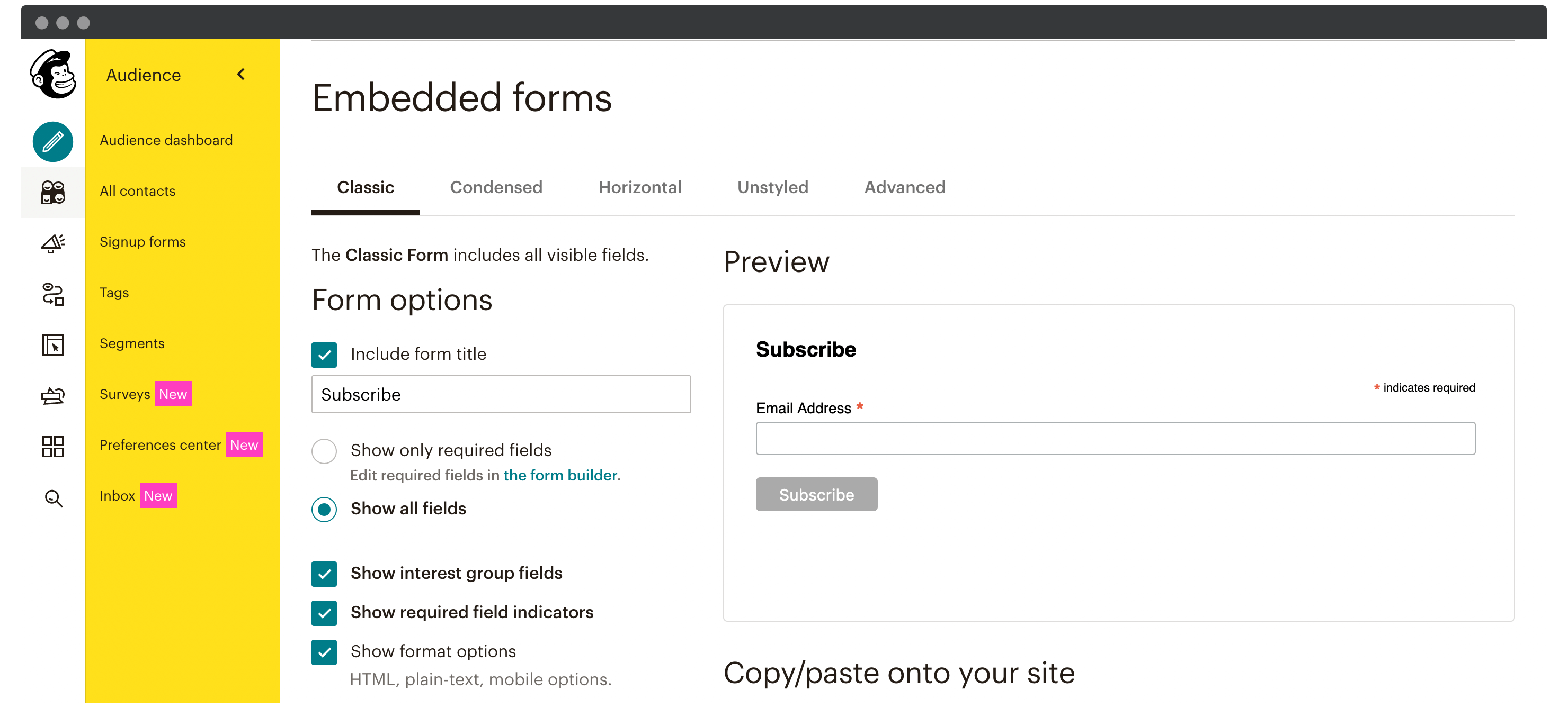 Mailchimp's form embedding options.