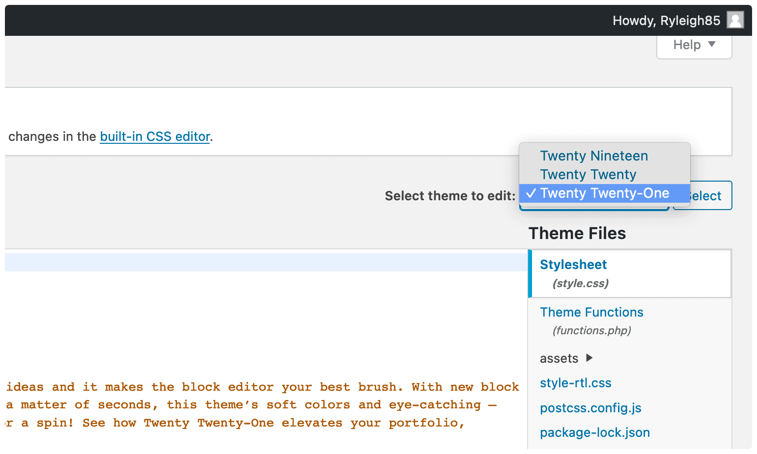Choosing a theme within WordPress' Theme Editor.