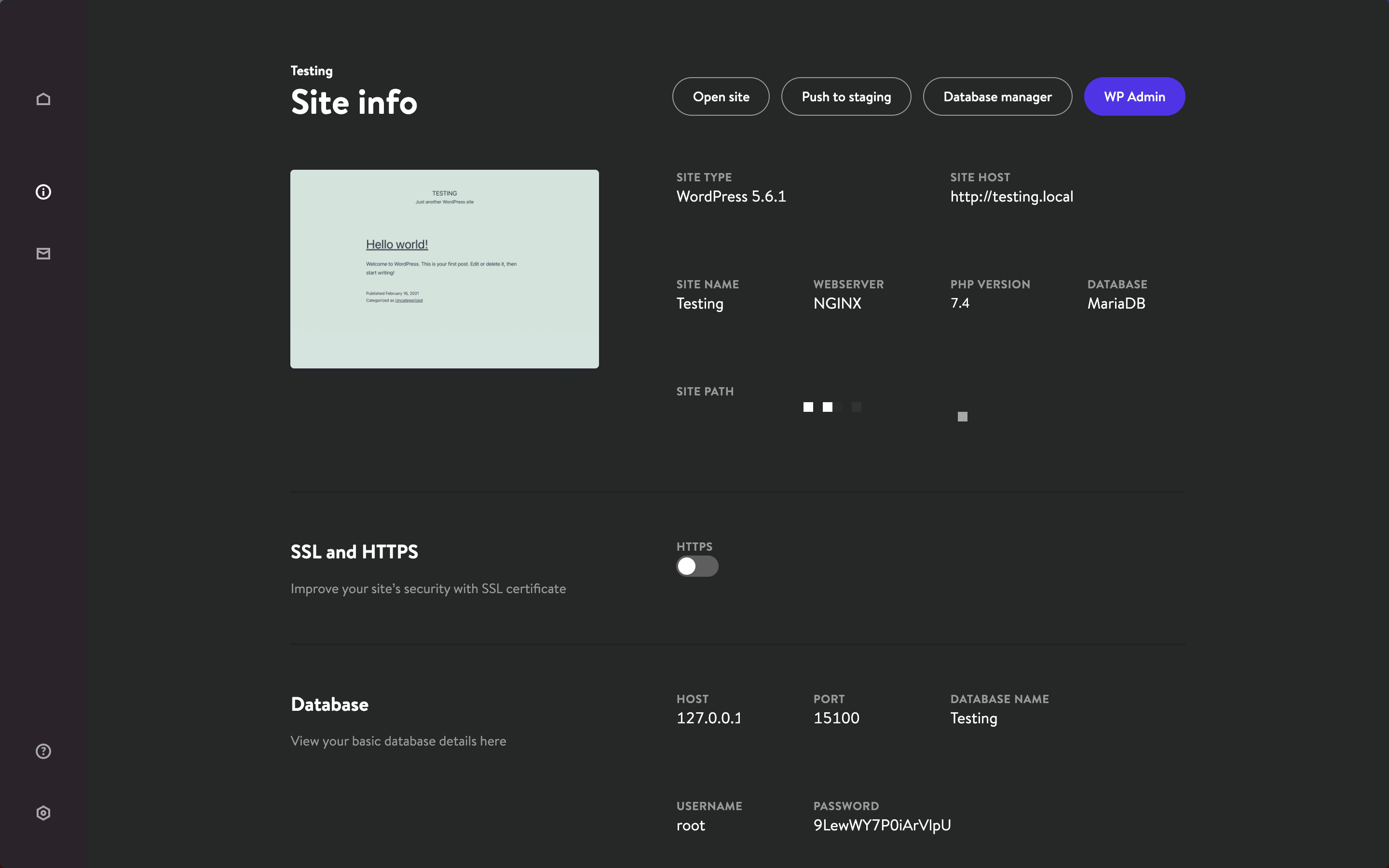 The Site Info panel.