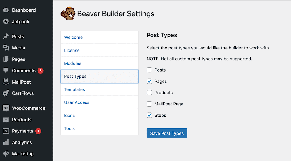 Beaver Builder's Post Types settings.