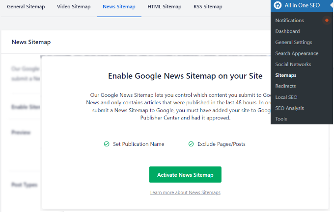 News sitemap in AIOSEO