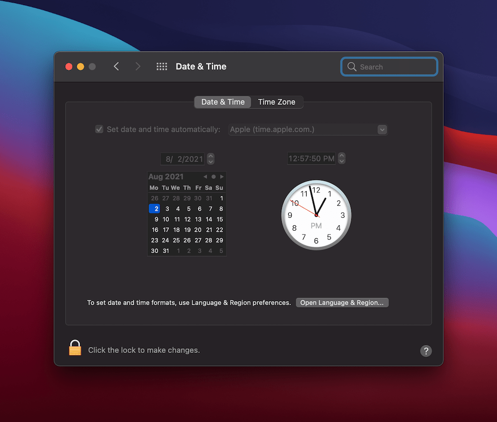 The Date & Time settings in macOS.