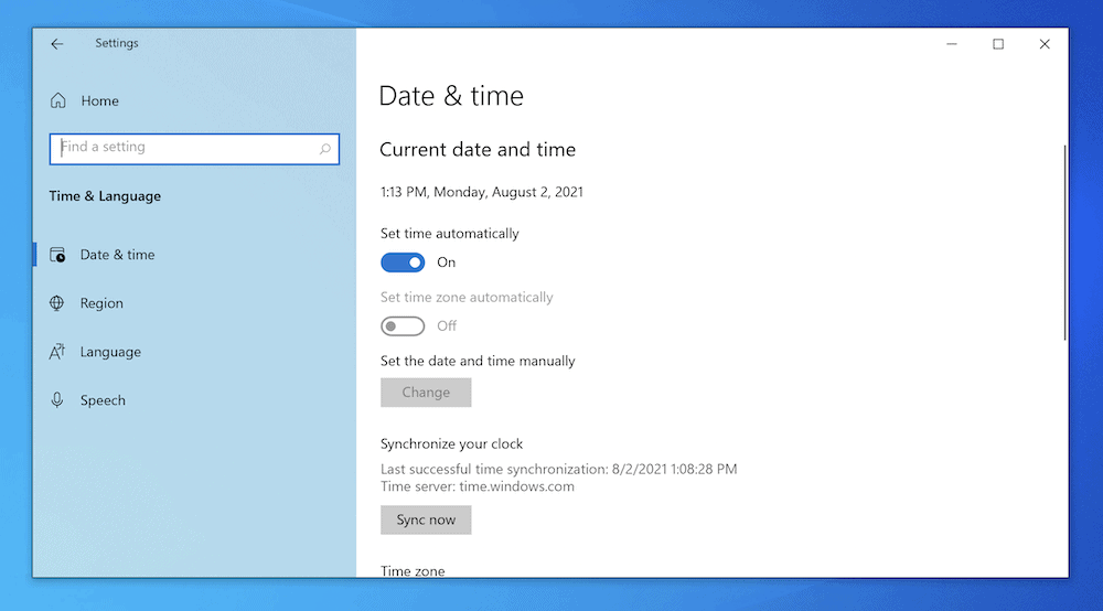 The Date & time settings within Windows.