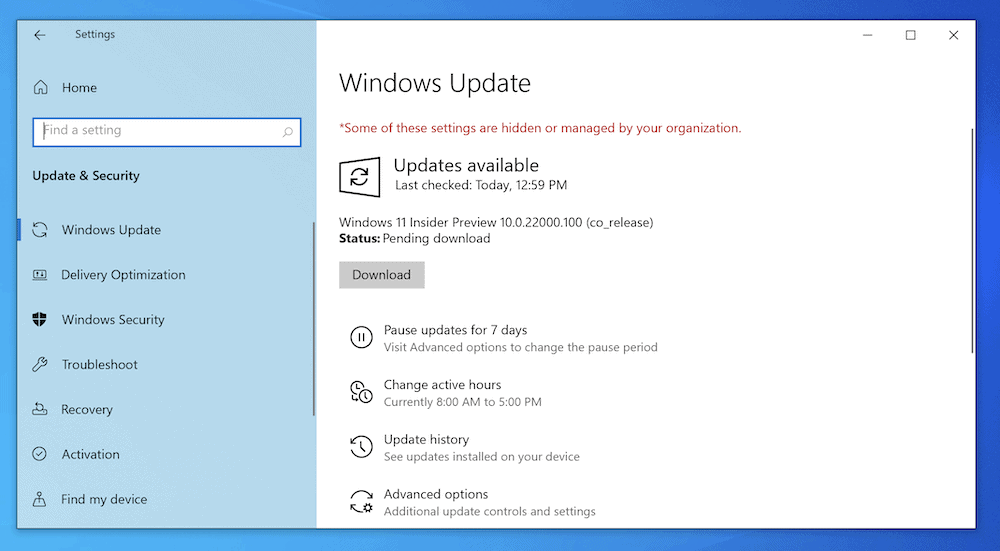The Windows Update screen.